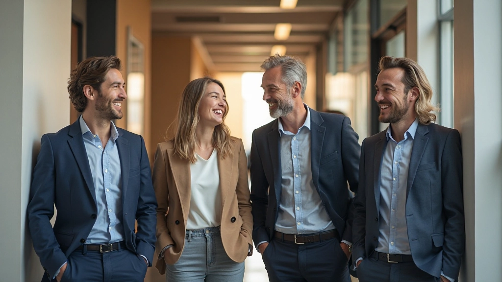 Groep van vier collega's staat in de gang van kantoor, lachend en pratend in informele sfeer met relaxte lichaamstaal