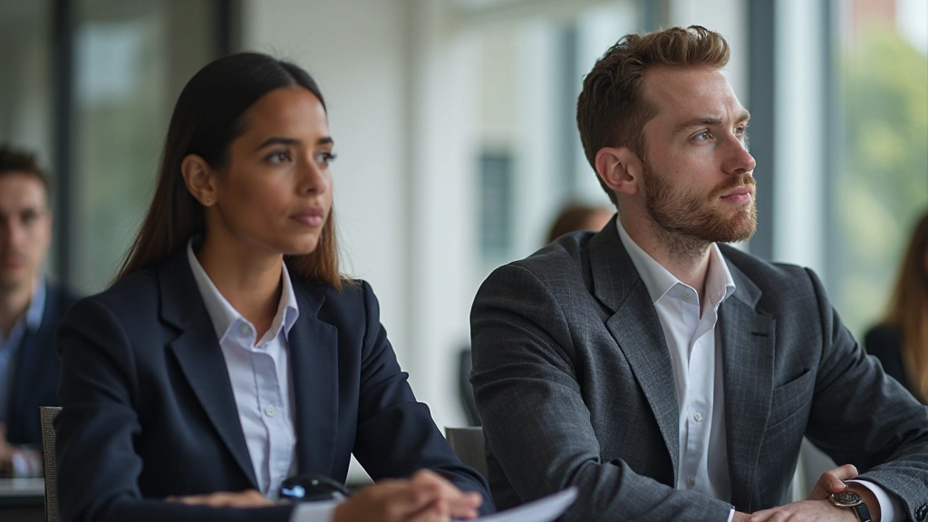 Diverse collega's zitten samen in een vergaderzaal en luisteren naar een presentatie