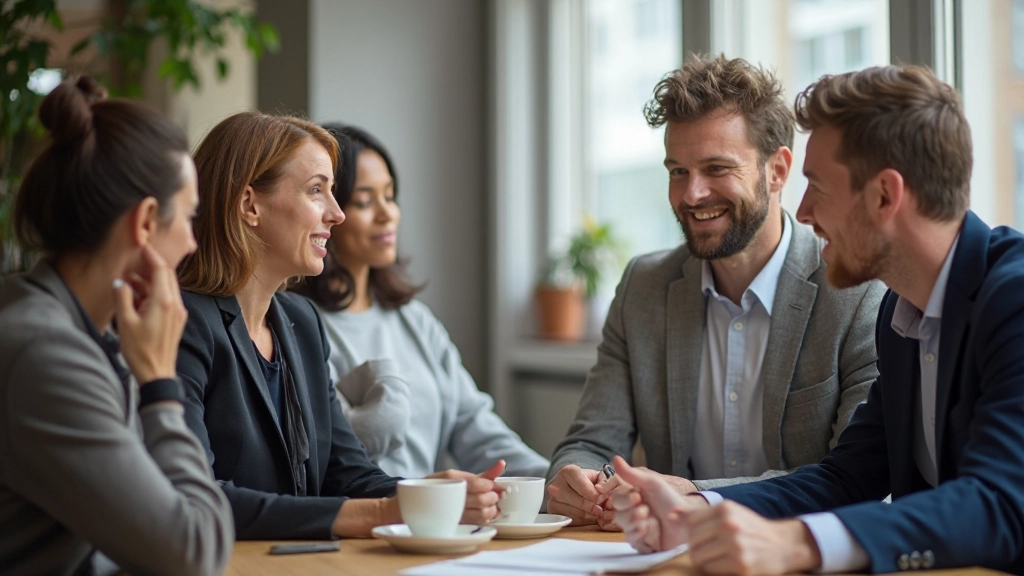 Groep collega's zit rond een tafel en voert een informeel gesprek tijdens een koffiepauze