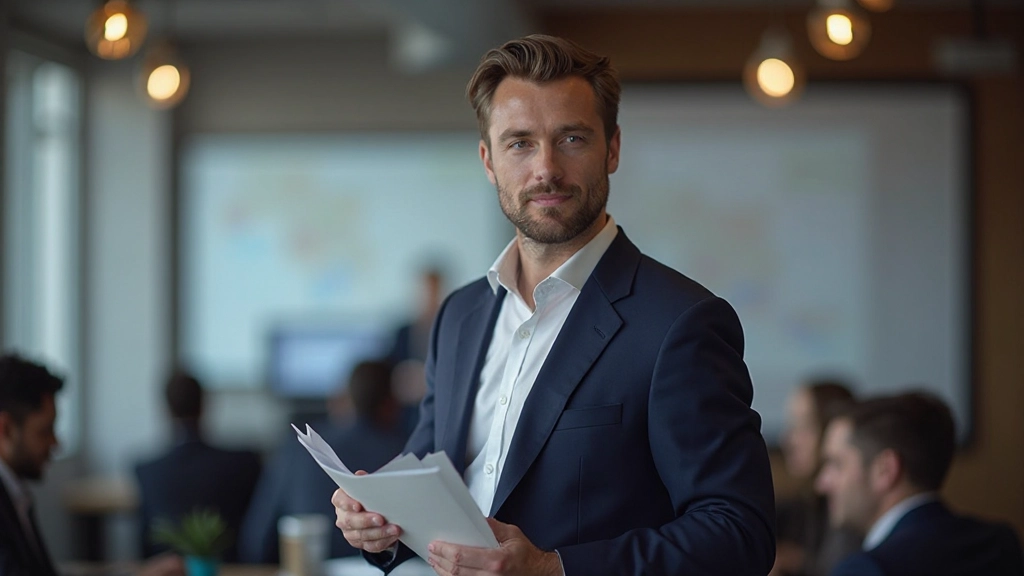 Spreker staat met aantekeningen voor een publiek en wijst naar een presentatiescherm