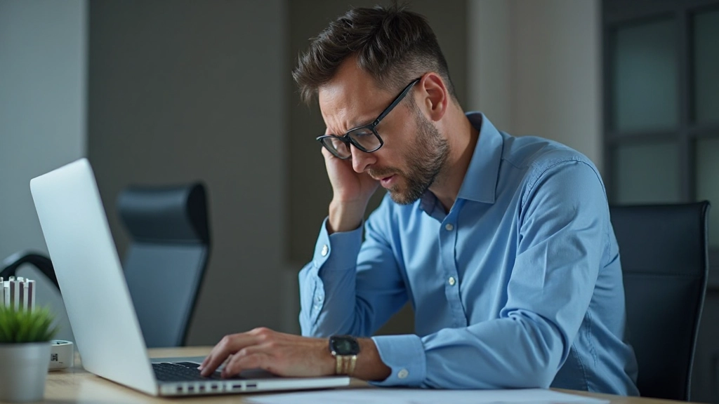 Zakenman die frustratie voelt terwijl hij naar zijn laptop kijkt, gekleed in blauw overhemd, portretshot van bovenbody, kantooromgeving, professioneel licht, geen watermerken