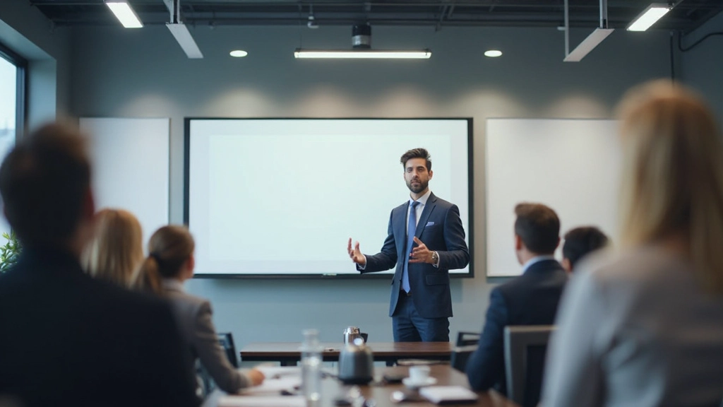 Zakenman geeft presentatie voor een groep collega's in een vergaderruimte