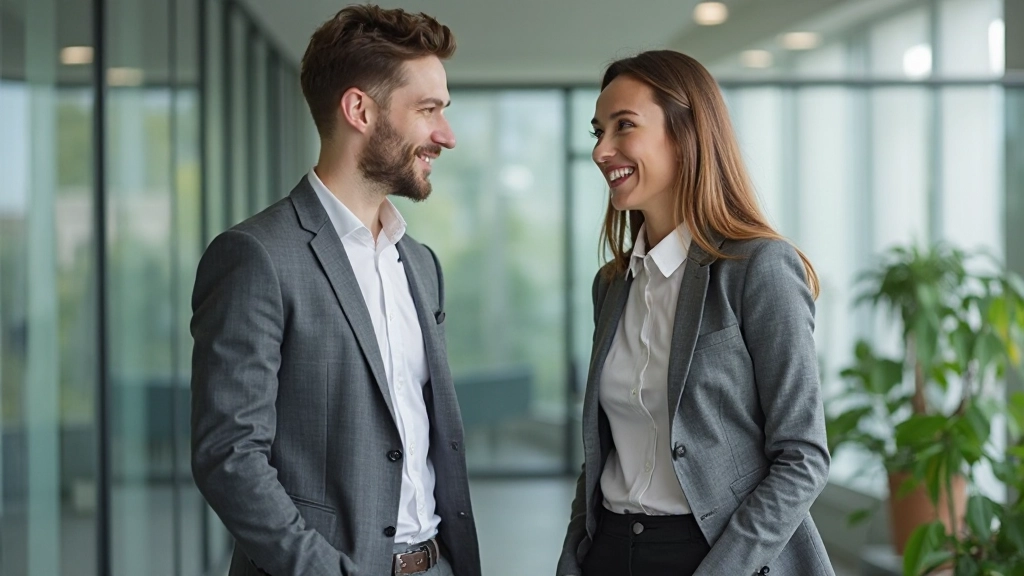Twee collega's voeren een gesprek in een moderne kantoorruimte met glas wanden en plantjes