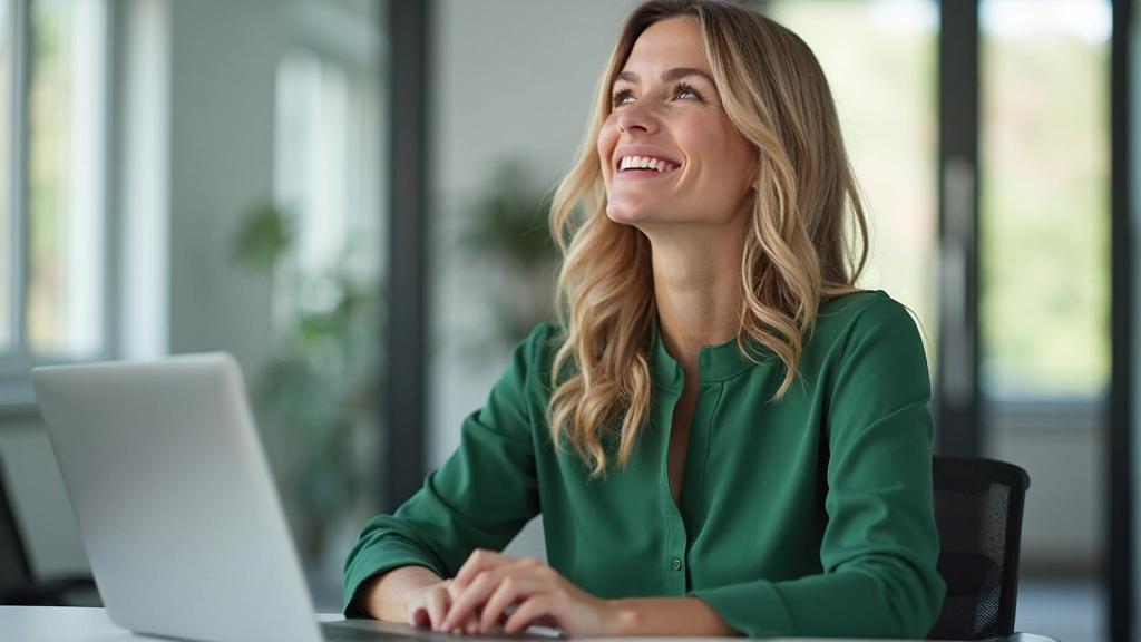 Enthousiaste vrouw aan haar bureau met laptop, opkijkend met positieve glimlach, gekleed in groene blouse, natuurlijk daglicht, modern kantoor, geen watermerken